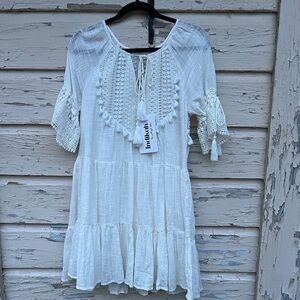 Indikah by Angel Biba White Crochet Tassels Gauzy Beachy Mini Dress Swim Cover S